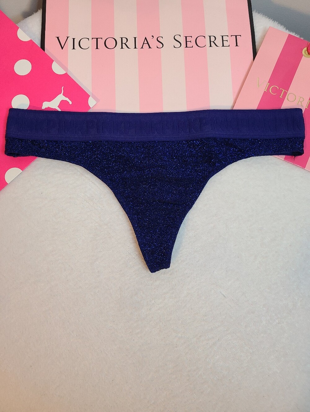 Retired VS PINK Logo Band Sparkle Classic Full Cut Thong Panty Size M